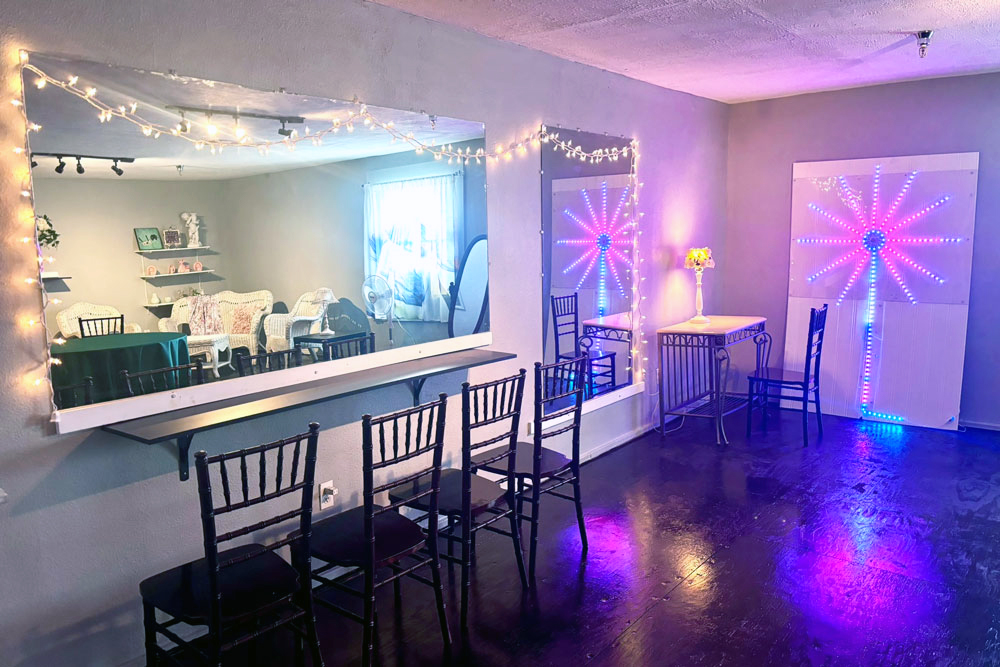 Private bridal suite with mirrors and soft lighting for wedding day preparation