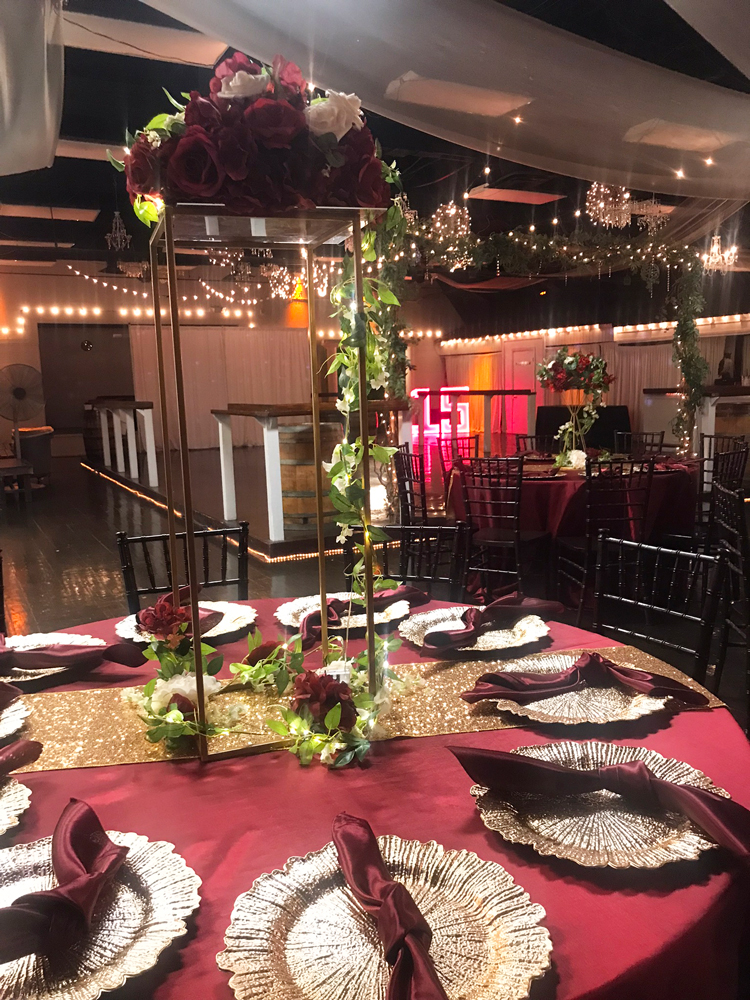 Guest table styled in layered shades of red