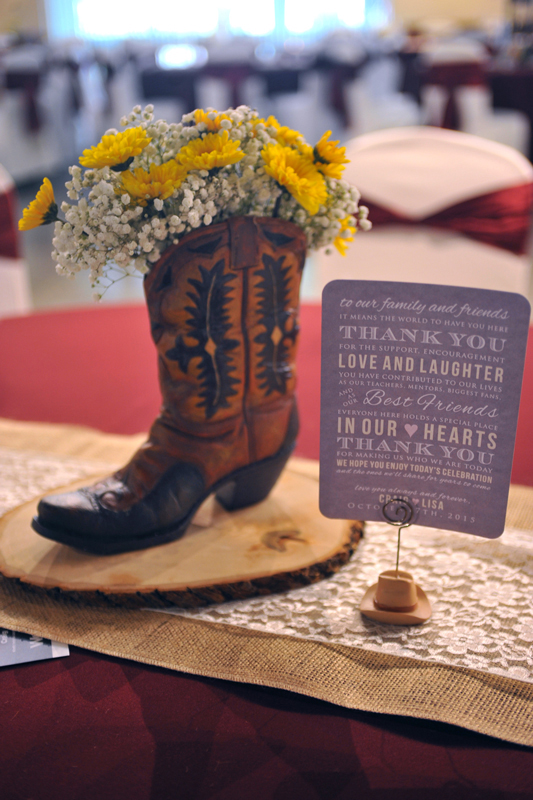 Cowboy boot centerpiece with a western look, on a decorated guest table.