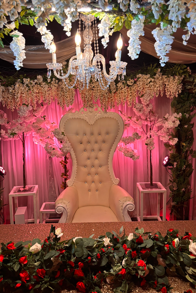 Decorated head table with coordinated styling and backdrop