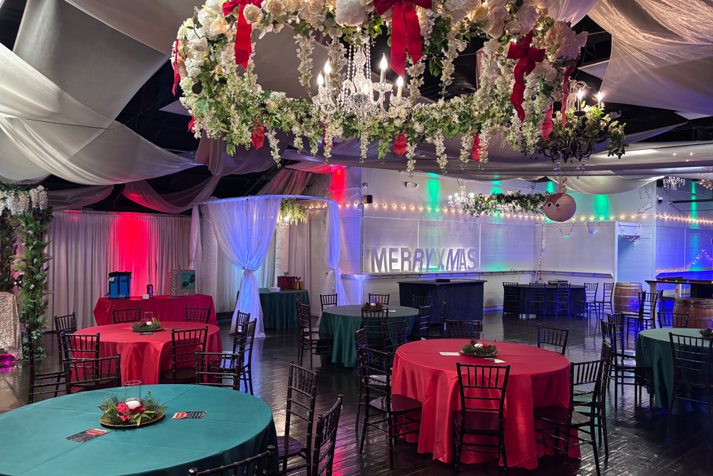 Accent lights in main ballroom decorated for christmas.