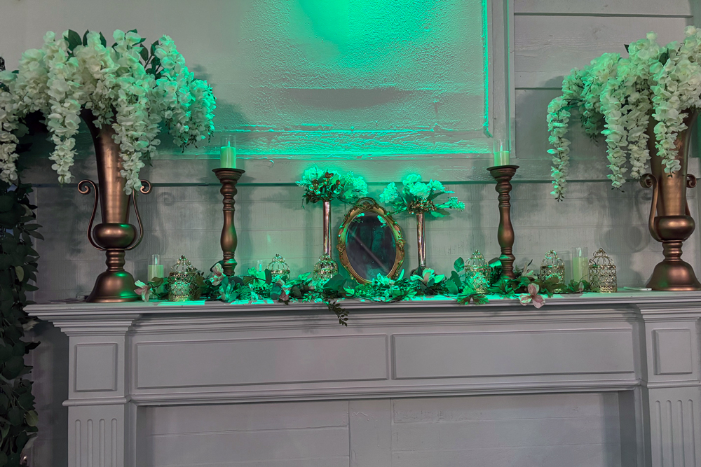 Styled fireplace backdrop for event photos
